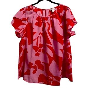 Nine West XL Tulip Sleeve Blouse Pink Red Floral Print